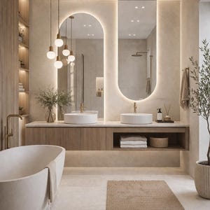 May include: A modern bathroom with a neutral color palette. Features include a freestanding bathtub, two oval mirrors with backlighting, and a wooden vanity with vessel sinks. Decorative elements include a woven rug, plants, and pendant lights.