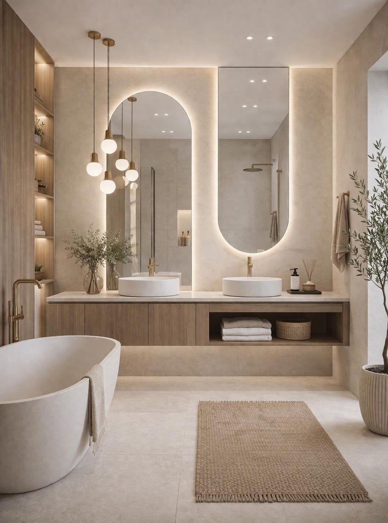 May include: A modern bathroom with a neutral color palette. Features include a freestanding bathtub, two oval mirrors with backlighting, and a wooden vanity with vessel sinks. Decorative elements include a woven rug, plants, and pendant lights.