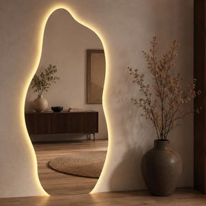 Asymmetrische LED-spiegel, organische moderne make-upspiegel voor aan de muur, op maat gemaakt afbeelding 8