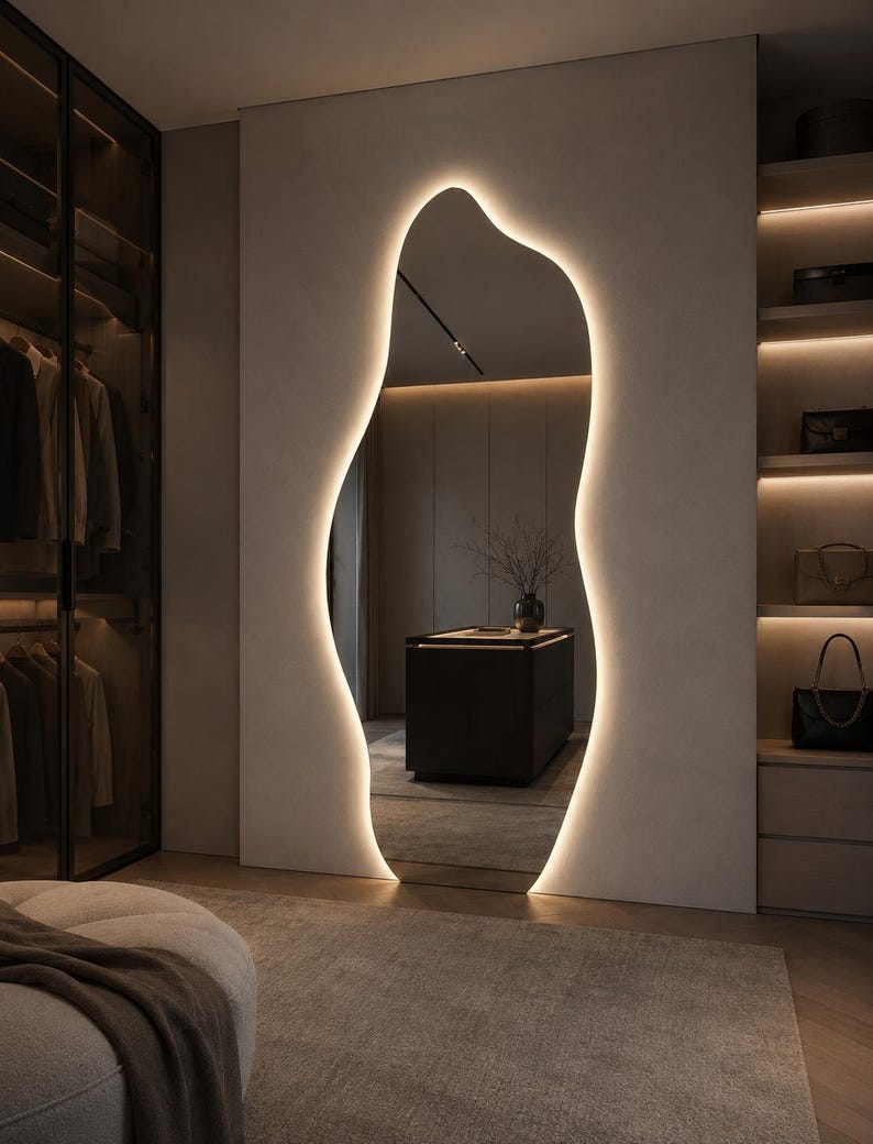 Asymmetrische LED-spiegel, organische moderne make-upspiegel voor aan de muur, op maat gemaakt afbeelding 12