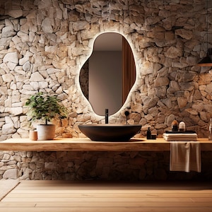 Espejo moderno con retroiluminación LED - Espejo de baño con luz LED - Espejo de pared - Espejo de baño irregular Led - Espejo asimétrico