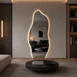 Asymmetrische LED-spiegel, organische moderne make-upspiegel voor aan de muur, op maat gemaakt afbeelding 3