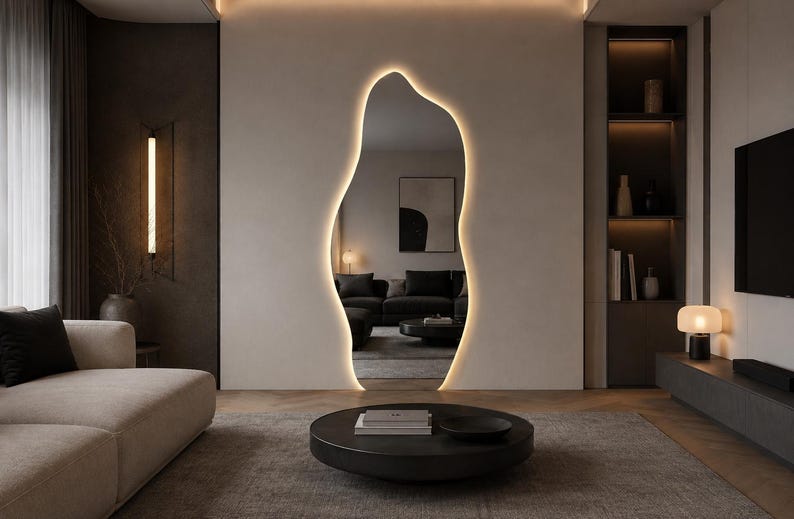 Asymmetrische LED-spiegel, organische moderne make-upspiegel voor aan de muur, op maat gemaakt afbeelding 3