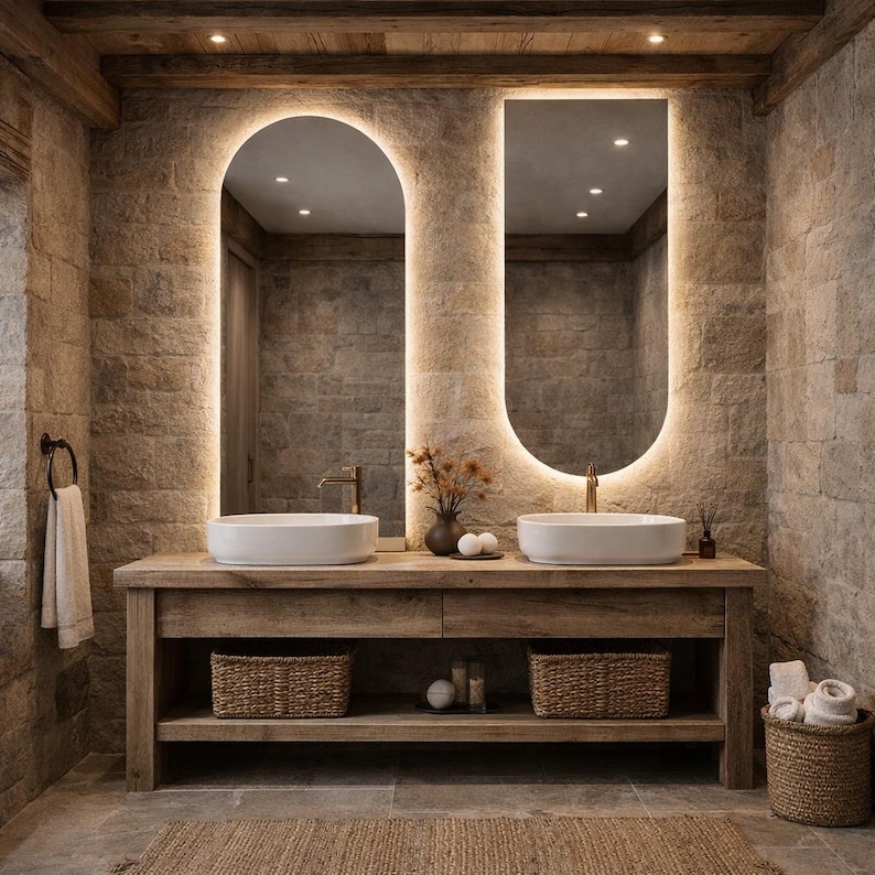 May include: A rustic bathroom with a wooden vanity featuring two white vessel sinks and gold faucets. Two arched mirrors with illuminated edges hang above. Wicker baskets and a woven rug add texture. The stone walls and wooden beams create a warm, inviting atmosphere.