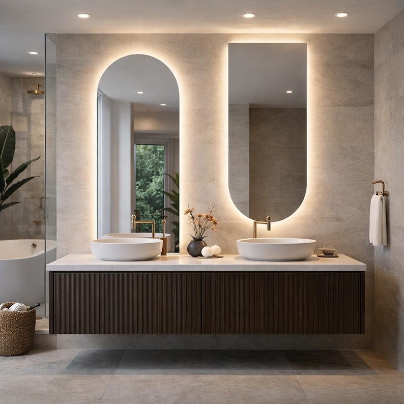 May include: A modern bathroom vanity with two white vessel sinks, gold fixtures, and a dark brown, ribbed cabinet. Two arched mirrors with illuminated edges hang above the sinks. A towel rack and a woven basket are also visible.