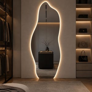 Asymmetrische LED-spiegel, organische moderne make-upspiegel voor aan de muur, op maat gemaakt afbeelding 13