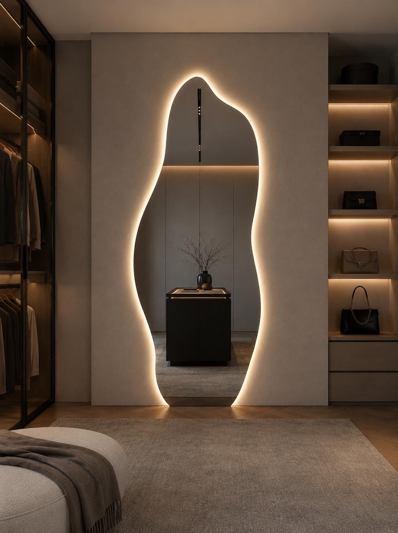 Asymmetrische LED-spiegel, organische moderne make-upspiegel voor aan de muur, op maat gemaakt afbeelding 13