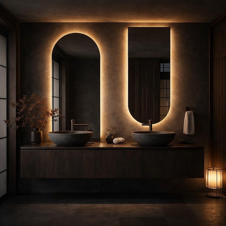 May include: A modern bathroom with dark wood cabinetry, two stone vessel sinks, and two mirrors with warm, glowing backlights. A small lamp provides additional ambient lighting. The overall design is minimalist and spa-like.
