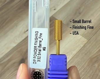May include: Gold nail drill bit with a purple plastic case. The label on the case reads "DIP POWDER FINISHING 3/32 Small Barrel_Fine #9". The text on the image reads "TODAY'S PRODUCT - Small Barrel - Finishing Fine - USA".