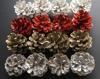Hand Painted Canadian Pine Cones – Christmas Ornaments, Rustic Holiday Decor, DIY Wreath Supplies, Red Gold Silver White