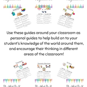 May include: A set of six educational classroom guides titled PlayWithPreK, featuring sections for Building Area, Calm Down Area, Mealtime, Transitions, Dramatic Play Area, and Art Area. Each guide includes self-talk and parallel-talk examples.