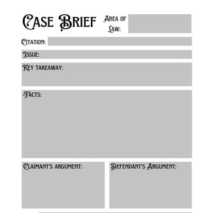 May include: A case brief template with sections for citation, issue, key takeaway, facts, claimant's argument, defendant's argument, rule, and analysis.