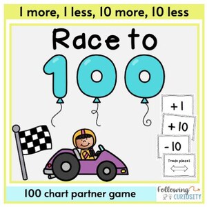 Pode incluir: Um tabuleiro de jogo colorido com o texto "Race to 100" e um carro de desenho animado. O jogo é projetado para ajudar as crianças a aprender a contar de 1 em 1 e de 10 em 10. O jogo inclui cartas com os números +1, +10 e -10. O jogo é projetado para dois jogadores.
