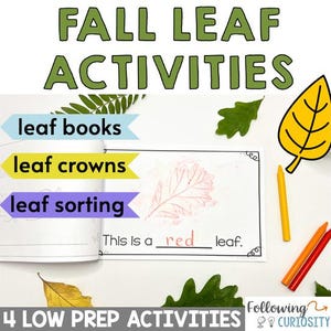 Op de afbeelding: Een afdrukbaar werkblad met de tekst "FALL LEAF ACTIVITIES" bovenaan. Het werkblad bevat drie activiteiten: bladerenboeken, bladerenkronen en bladeren sorteren. Het werkblad bevat ook een afbeelding van een rood blad met de tekst "This is a red leaf."