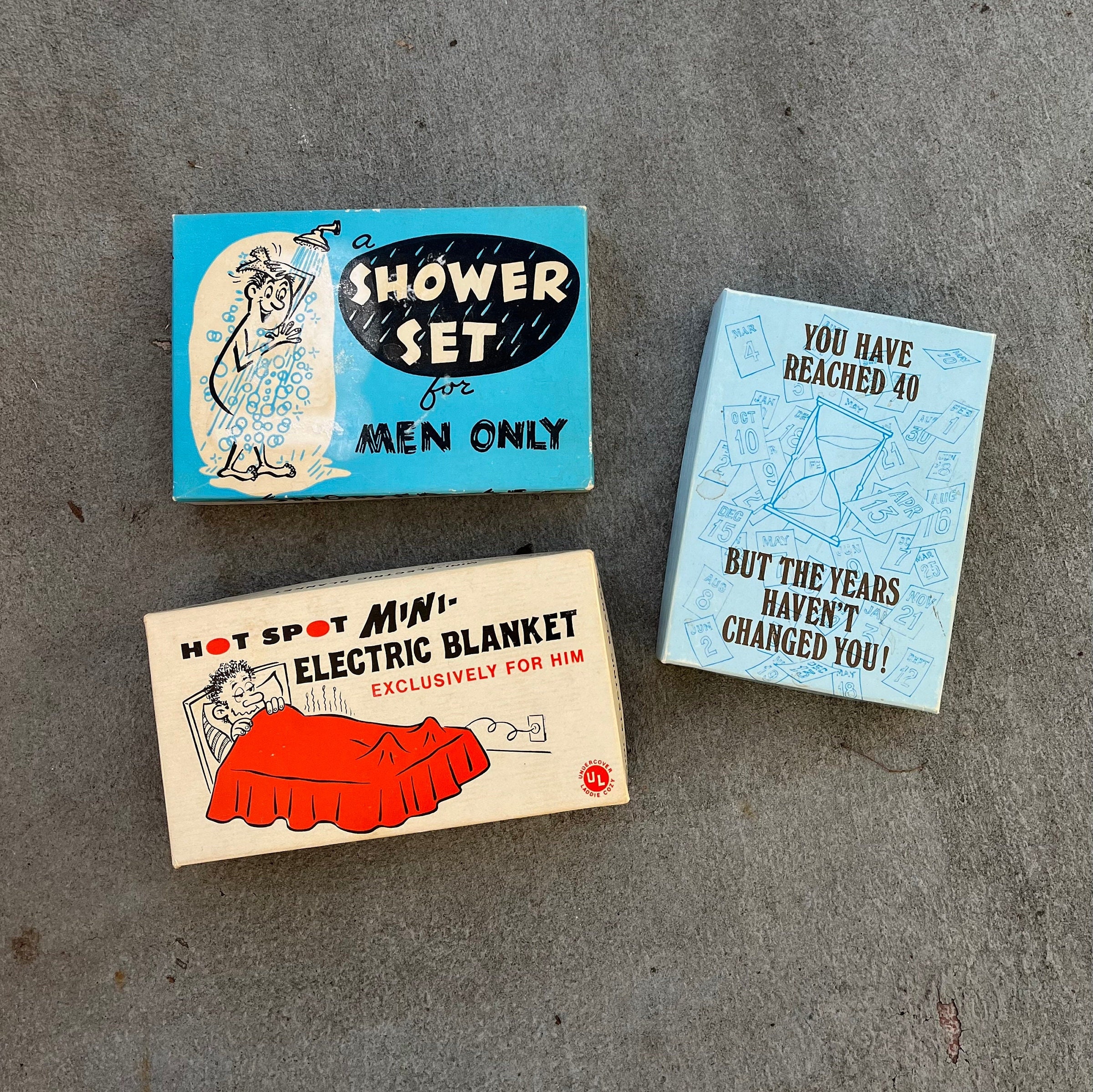 3 Vintage Gag Gifts Franco American Electric Blanket, 40th Birthday