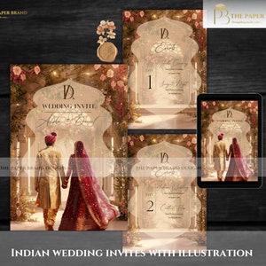 Indiase huwelijksuitnodiging als illustratie Hindoe digitale uitnodiging in hindoeïstische bruidspaar in Indiase Shaadi digitale uitnodigingen en moslimuitnodiging