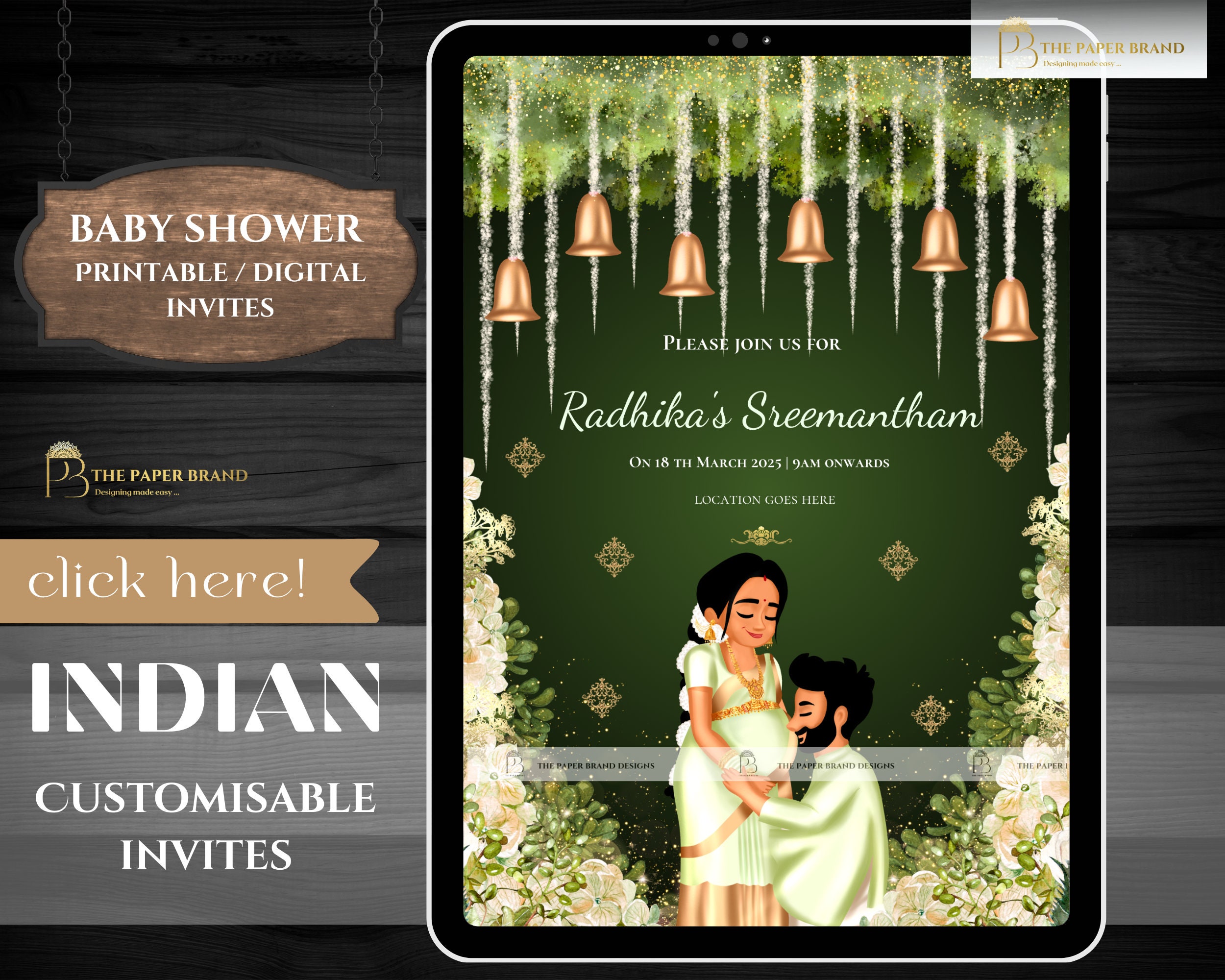 Faire-part téléphone indien pour baby shower | Valaikappu, invitation à la cérémonie Godh Bharai | semblerham invite WhatsApp, invitation maternité | Modifiable