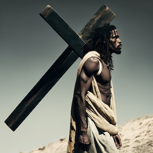 Downloadable Art of Black Jesus and his cross, by African American art by black digital artist