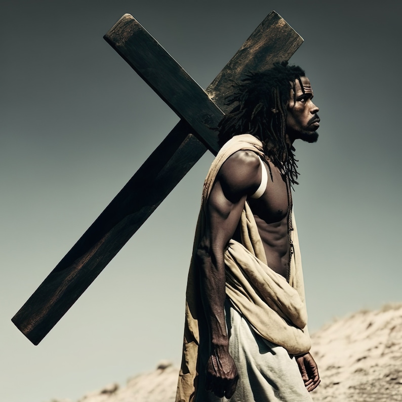 Downloadable Art of Black Jesus and his cross, by African American art by black digital artist image 1