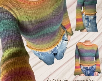 Handmade green-blue-yellow ombré knitted sweater / jumper size 6-10