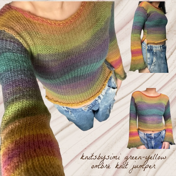 Handmade green-blue-yellow ombré knitted sweater / jumper size 6-10