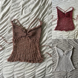 Top de punto fruncido con lentejuelas desgastadas, hecho a mano, para festivales de verano, crochet
