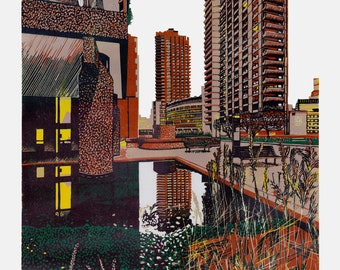 May include: A screen print illustration depicting a brutalist architectural complex with tall brown residential towers, a reflective pool in the foreground, and textured concrete surfaces. The scene includes dark green foliage, yellow lit windows, and benches.