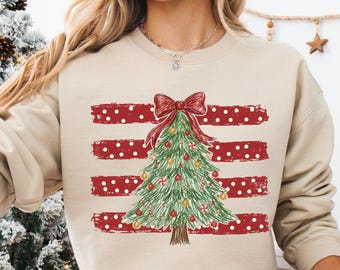 Camiseta Coquette con árbol de Navidad, Sudadera con árbol de lunares a rayas, Camiseta Merry and Bright, Camiseta navideña con lazo para chicas, Camiseta Cute Xmas Comfort Colors®