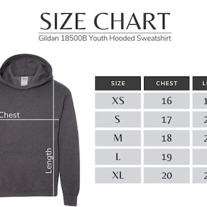 a size chart for a Gildan 18500B Youth Hooded Sweatshirt. The chart provides measurements for chest, length, and waist, along with corresponding sizes for different measurements.