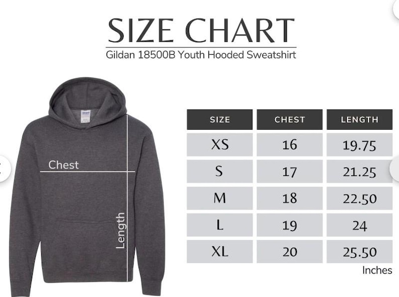 a size chart for a Gildan 18500B Youth Hooded Sweatshirt. The chart provides measurements for chest, length, and waist, along with corresponding sizes for different measurements.
