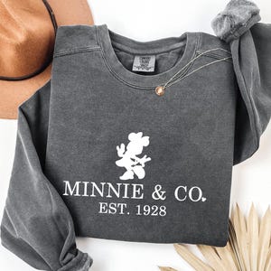 Pu&ograve; includere: Una felpa grigio antracite con un disegno bianco di Minnie Mouse e la scritta "MINNIE & CO. EST. 1928". La maglia a maniche lunghe ha uno scollo tondo. Una collana d'oro &egrave; drappeggiata sulla maglia.