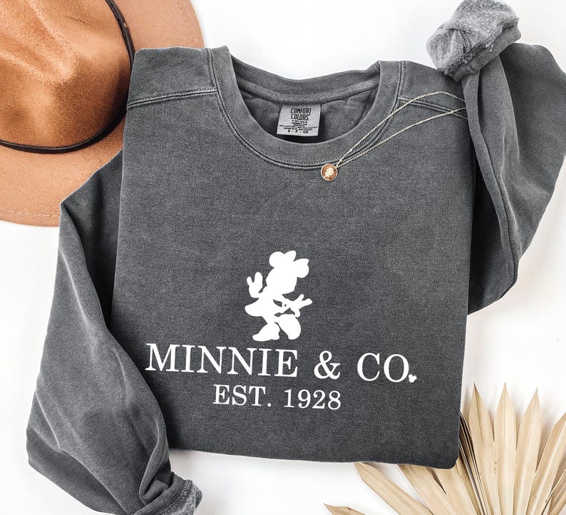Pu&ograve; includere: Una felpa grigio antracite con un disegno bianco di Minnie Mouse e la scritta "MINNIE & CO. EST. 1928". La maglia a maniche lunghe ha uno scollo tondo. Una collana d'oro &egrave; drappeggiata sulla maglia.