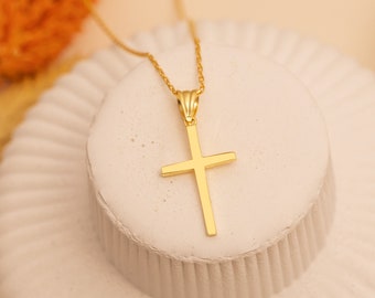 14K Gold Elegant Cross Necklace, Sterling Silver-Gold Crucifix Pendant, Religious Meaningful Cross Jewelry Gift for Women & Mom, RT-PS1.