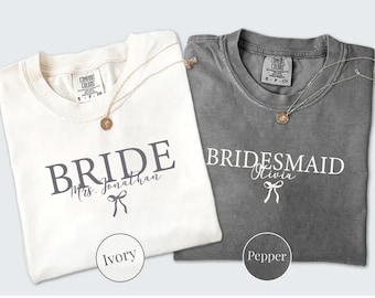 Comfort Colors® Personalized Bride Bridesmaid Shirt, Bridal Party Gift, Wedding Day Getting Ready Shirt, Trendy Bachelorette Group Matching