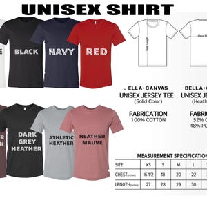 a collection of t-shirts in various colors and sizes, along with a chart that provides measurement specifications for each shirt.