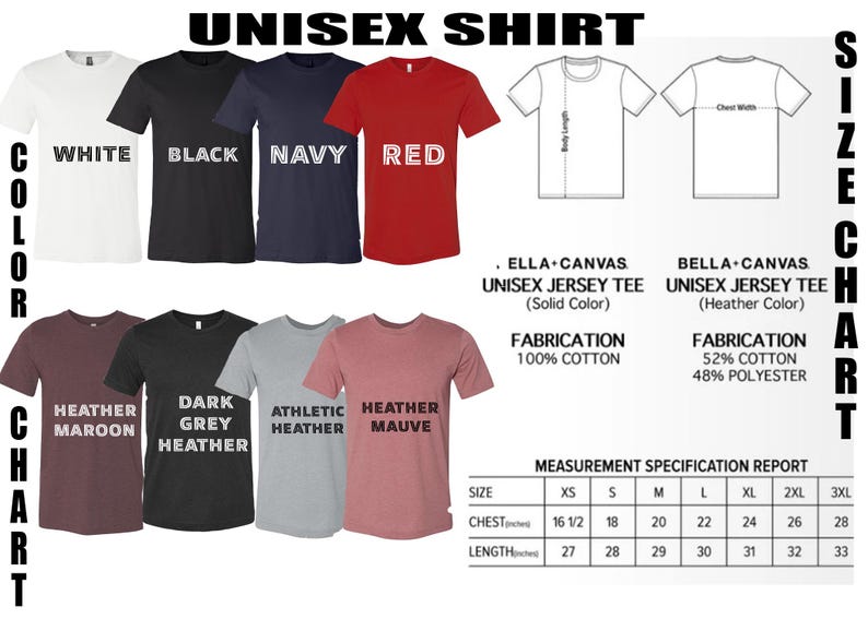 a collection of t-shirts in various colors and sizes, along with a chart that provides measurement specifications for each shirt.