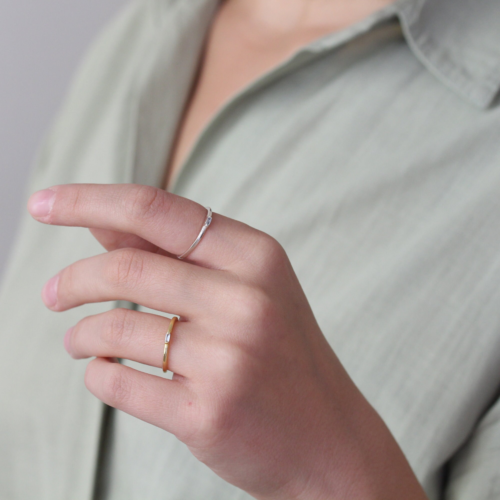 925 Sterling Silver Dainty Baguette Ring, Diamond Promise 925 Sterling Silver Dainty Baguette Ring, Diamond Promise