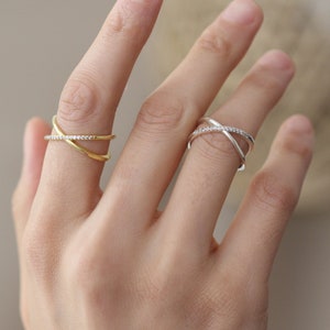 14K Solid Gold Criss-Cross Eternity Band Ring, Dainty Pave X Promise Ring, Christmas and Anniversary Gifts For Wife Her & Women, EXE1 image 1