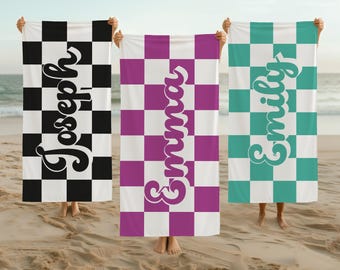 Personalized Checkered Beach Towel with Name, Custom Summer Towel,Retro Pool Towel, Vacation Gift,Family Trip Beach Towels,Custom Name Towel