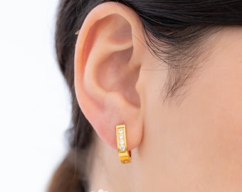Gold Huggie Hoop Earrings, 18K Gold Diamond (CZ) Delicate & Elegant Earrings, Gemstone Everyday Jewelry, Minimalist Bold Hoops, Gift For Mom