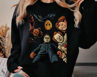 Retro Halloween Horror Movie Sweatshirt,Scary Movie Characters Hoodie,Spooky Season Crewneck,Group Halloween Gift Idea,Horror Fan Outfit