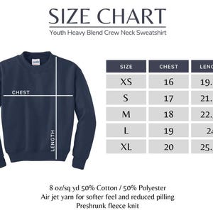 The image is a size chart for a youth heavy blend crew neck sweatshirt. It includes measurements for chest, waist, and length, along with corresponding sizes for different age groups. The chart also provides information about the fabric and the type of yarn used for the knit.