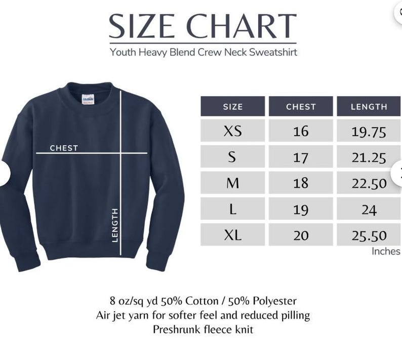 The image is a size chart for a youth heavy blend crew neck sweatshirt. It includes measurements for chest, waist, and length, along with corresponding sizes for different age groups. The chart also provides information about the fabric and the type of yarn used for the knit.