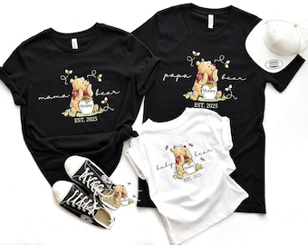 Custom Est Winnie the Pooh Mama Papa Bear and Baby Bear Shirt, Family Bear Matching Shirt,  Winnie the Pooh Birthday Family Matching T-Shirt