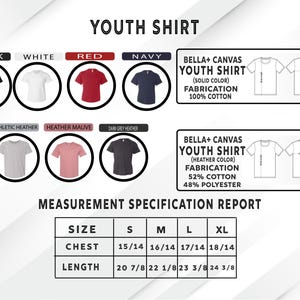 The image is a youth shirt size measurement report that provides information on the chest, length, and other measurements for various shirt colors and styles.