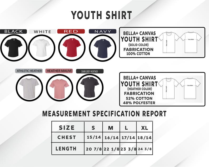 The image is a youth shirt size measurement report that provides information on the chest, length, and other measurements for various shirt colors and styles.