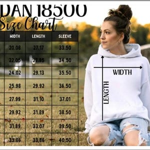 The image is a size chart for a GILDA 1850 hoodie, with a woman sitting in a field in the background. The chart provides measurements for different sizes, including S, M, L, XL, 2XL, 3XL, and 5XL, along with corresponding widths and lengths.