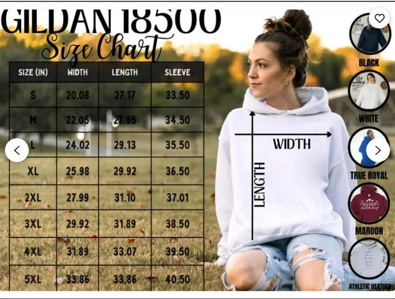 The image is a size chart for a GILDA 1850 hoodie, with a woman sitting in a field in the background. The chart provides measurements for different sizes, including S, M, L, XL, 2XL, 3XL, and 5XL, along with corresponding widths and lengths.