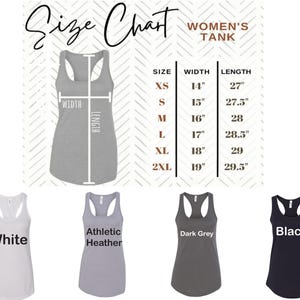 The image is a size chart for women's tank tops, displaying the measurements and corresponding styles in various colors.