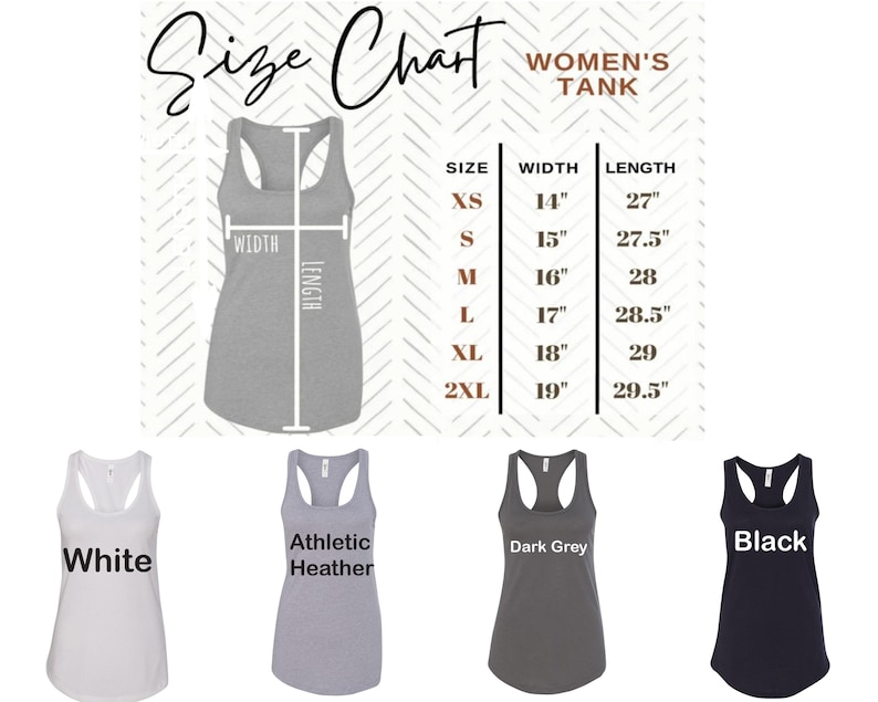 The image is a size chart for women's tank tops, displaying the measurements and corresponding styles in various colors.